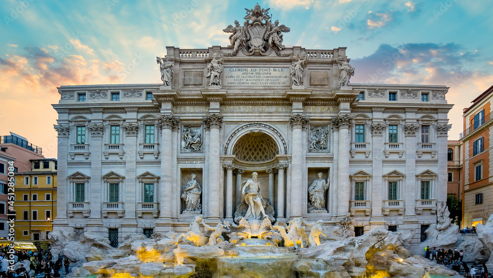 Rome, Italy - March 2017: Trevi fountain in the evening. Trevi fountain is one of the main attractions of Rome and Italy