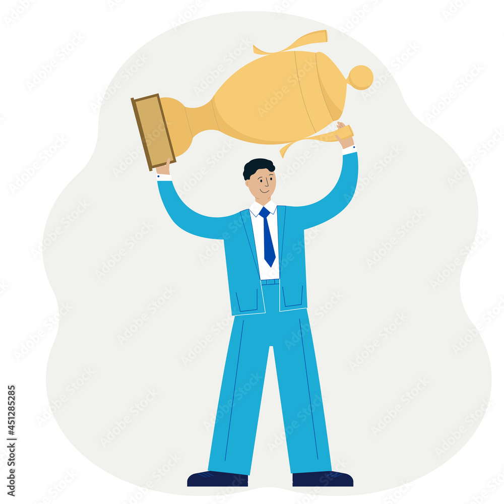 Business success concept. A man in a suit above his head holding a gold winner cup Business success concept. A man in a suit above his head holding a gold winner cup