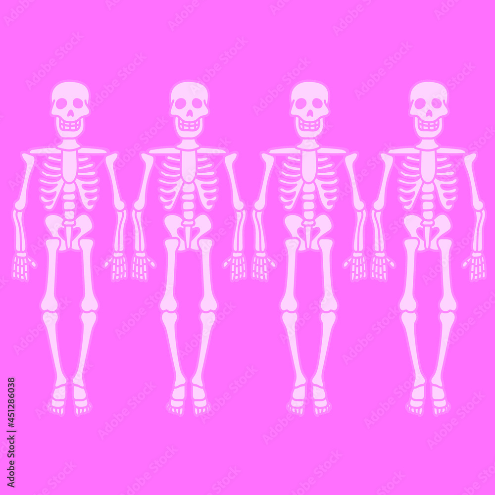 four cartoon pink skeletons in one position. Skeletons in the closet.