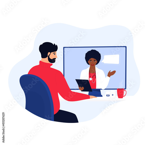 Doctor consultation online. Chat with on-call Nurse. African American woman medical worker consults by video call on computer. Telemedicine concept. Chat with on-call Nurse.