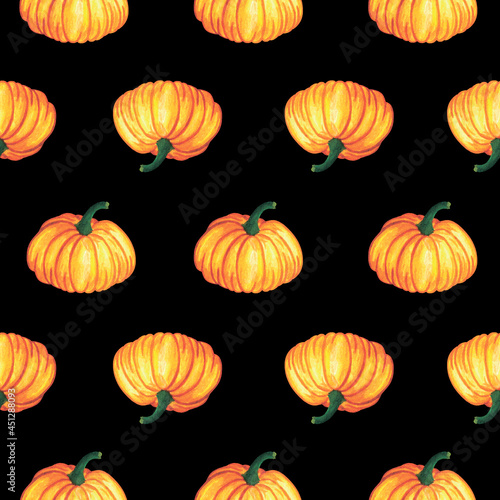 Seamless pattern with hand drawn watercolor pumpkins on a black background. Perfect for textiles, wrapping paper,scrapbooking, bags, stationery, greeting cards, websites, banners, packaging.