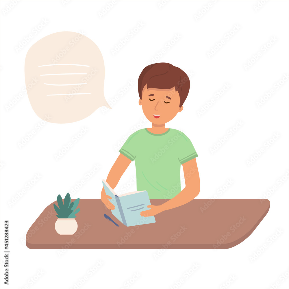 Little boy is holding open books and reading. Vector concept illustration.The child does his homework himself. flat