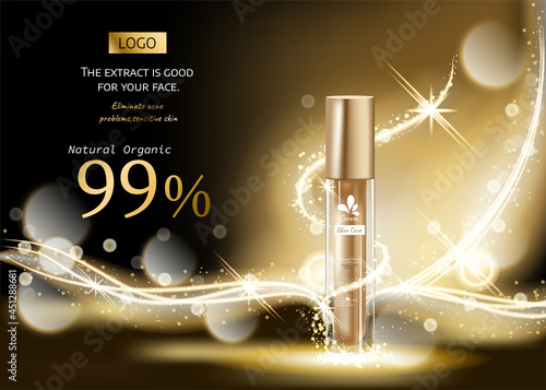 Cosmetics products with gold luxury collection composition on black blurred light effect background. Vector illustration EPS10