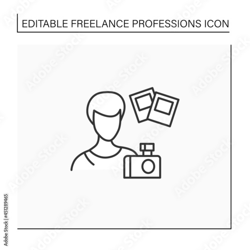 Photographer line icon. Professional take photos on camera. Create, edit, publish photos.Freelance professions concept. Isolated vector illustration. Editable stroke
