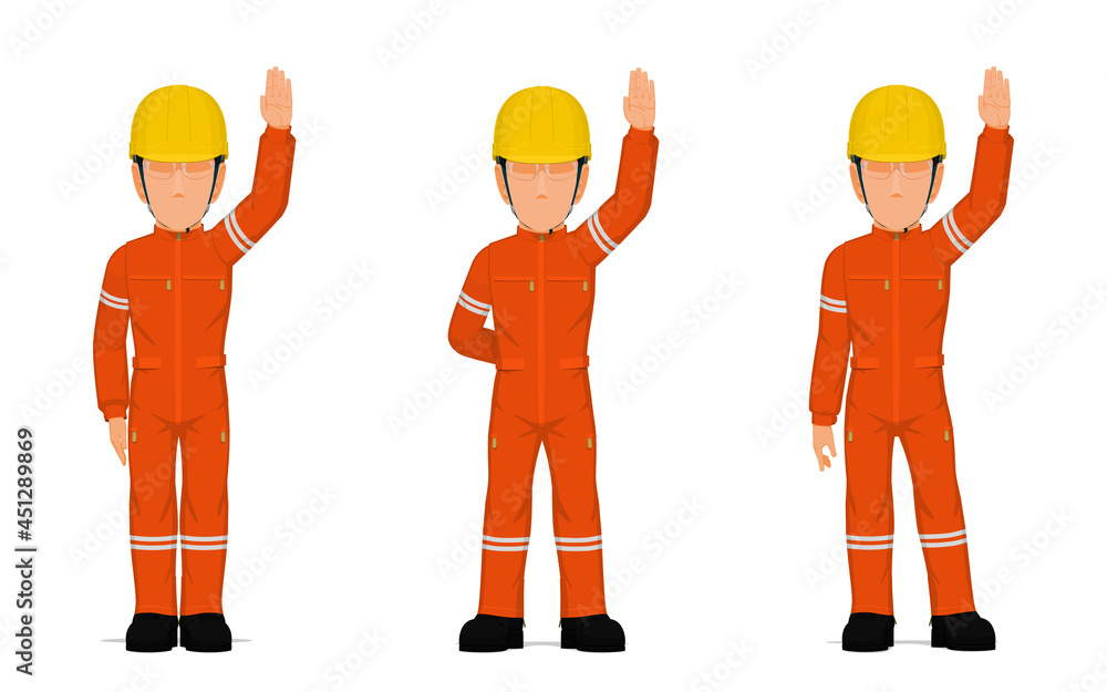 set of industrial workers are raising his hand overhead