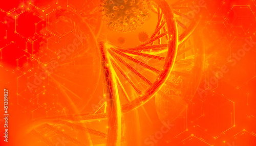 DNA sequence and COVID-19 infection virus cells. Abstract image coronavirus. World pandemic delta variant on planet Earth. Red Background. 3D illustration