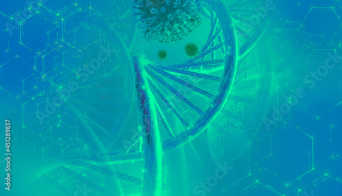 DNA sequence and COVID-19 infection virus cells. Abstract image coronavirus. World pandemic delta variant on planet Earth. Green Background. 3D illustration