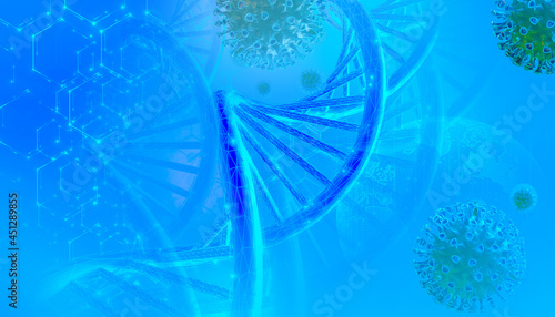 DNA sequence and COVID-19 infection virus cells. Abstract image coronavirus. World pandemic delta variant on planet Earth. Blue Background. 3D illustration