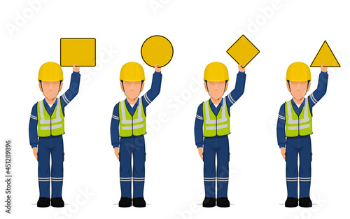 set of industrial workers are raising empty sign overhead