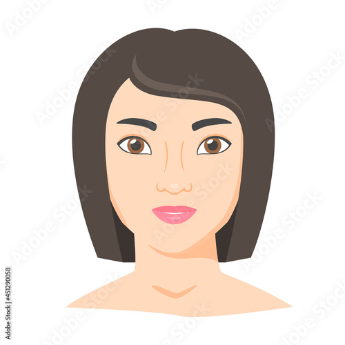 Young woman face. Female portrait of brunette in flat style. Natural beauty. Front view. Vector