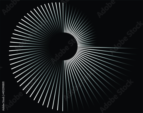 abstract black halftone dots.white halftone dots in vortex form. Geometric art. Trendy design element.Circular and radial lines volute, helix.Segmented circle with rotation