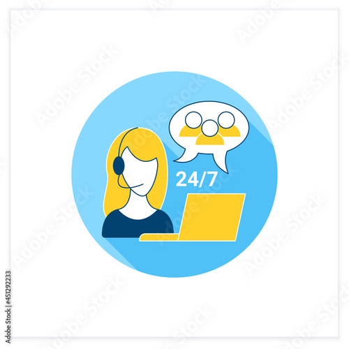Customer service job flat icon. Customers support. Call center. Communication with people. Day and night work. Freelance professions concept. Vector illustration