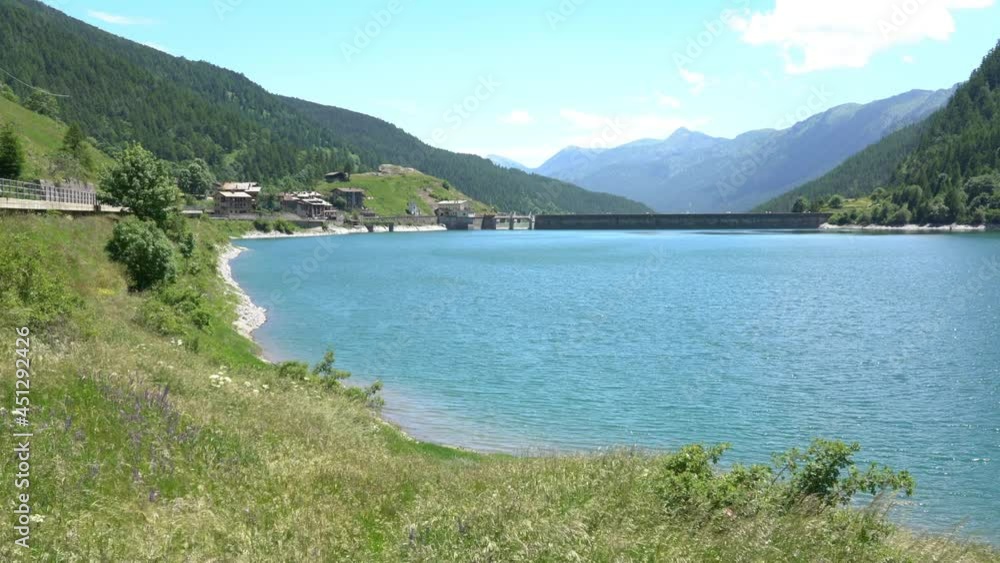 Panoramic view at Castello Lake (or Pontechianale Lake), Varaita Valley, Piedmont, Italy.