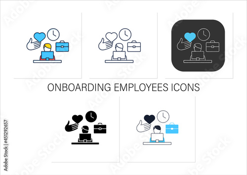 Onboarding employees icons set. Organizational socialization. Helping new hires adjust to job. Friendly atmosphere.Collection of icons in linear, filled, color styles.Isolated vector illustrations