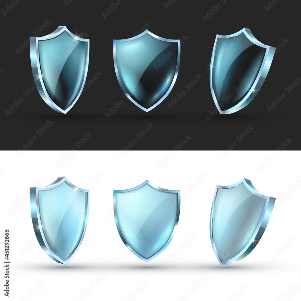 Realistic glass shield vector illustrations. Empty blank transparent blue acrylic glass panel with reflection and glow. Realistic glass shield vector illustrations. Empty blank transparent blue acrylic glass panel with reflection and glow.