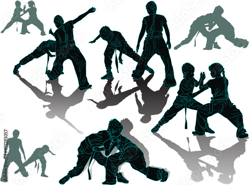 hand-to-hand fighters dark silhouettes set