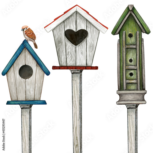 Watercolor wooden birdhouses