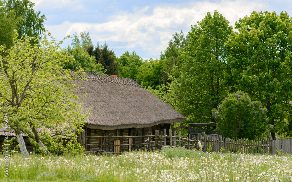 Belarusian State Museum of Folk Architecture and Life in the village of Ozertso. Minsk. Belarus. Lines. Museum-skansen Belarusian State Museum of Folk Architecture and Life in the village of Ozertso. Minsk. Belarus. Lines. Museum-skansen