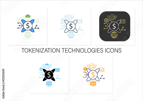 Tokenization technologies icons set.Software prevents credit card theft information. Digital transformation concept.Collection of icons in linear, filled, color styles.Isolated vector illustrations