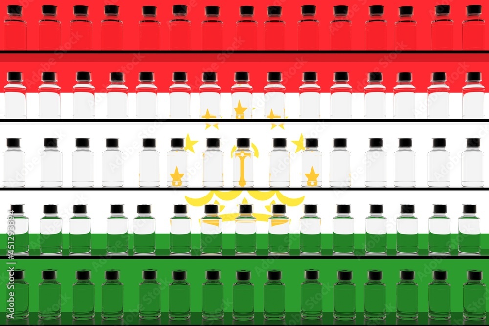 Glass vaccine vials on the shelves and flag of Tajikistan. Vaccination related conceptual 3D rendering Glass vaccine vials on the shelves and flag of Tajikistan. Vaccination related conceptual 3D rendering