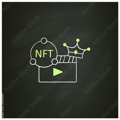 NFT video chalk icon. Video file format with non fungible token coin.Represent digital files. Used to commodify digital creations. Cryptocurrency concept. Isolated vector illustration on chalkboard