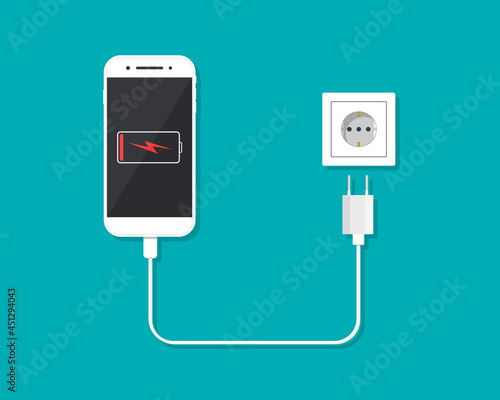 Charger with phone for charge battery of smartphone. Low level of charge in cellphone screen. Cable with plug, adapter and socket for empty battery. Power of energy in socket. Cartoon icon. Vector