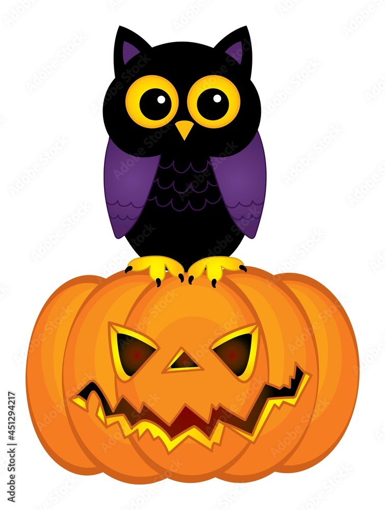 Cute Owl Sitting on Pumpkin. Halloween Pumpkin
