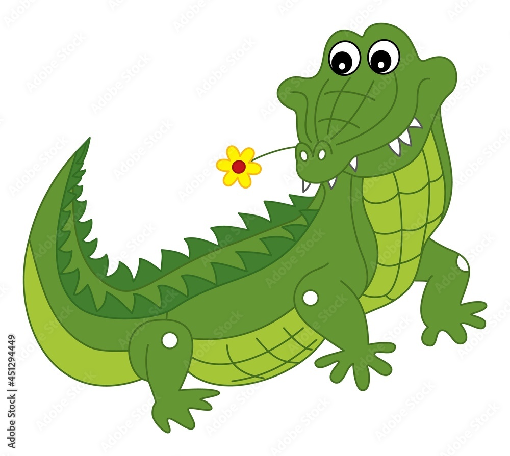 Obraz premium Vector Cute Crocodile Holding Flower in the Mouth