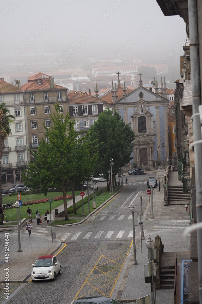 Misty summer morning on the Infante square in Porto