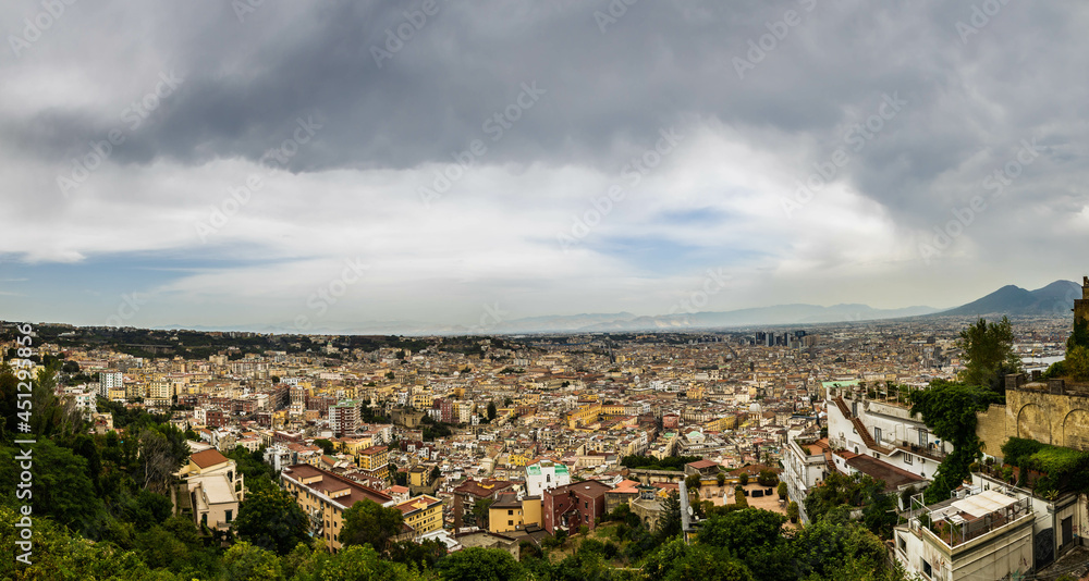 Aerial panorama of the City of Naples Italy with Mt Vesuvius in the background.