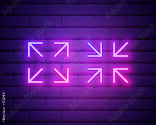 expand to fullscreen and exit from full-screen mode icon. Elements of web in neon style icons. Simple icon for websites, web design, mobile app, info graphics isolated on brick wall.