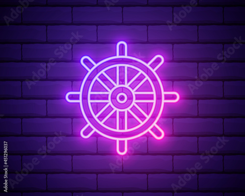 Ship wheel neon icon. Elements of summer set. Simple icon for websites, web design, mobile app, info graphics isolated on brick wall