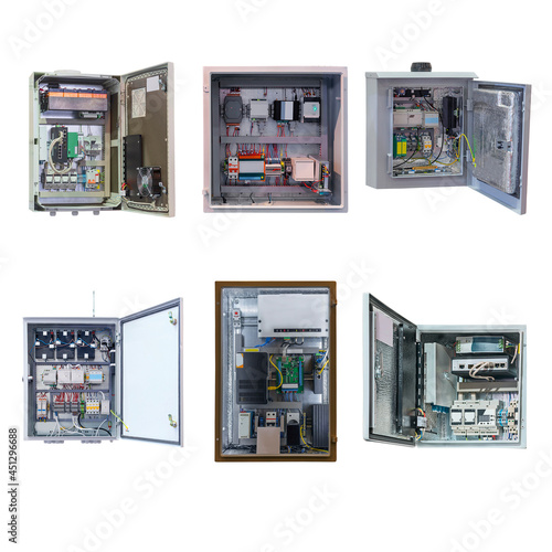 six electrical control сabinet with an open door isolated on a white background