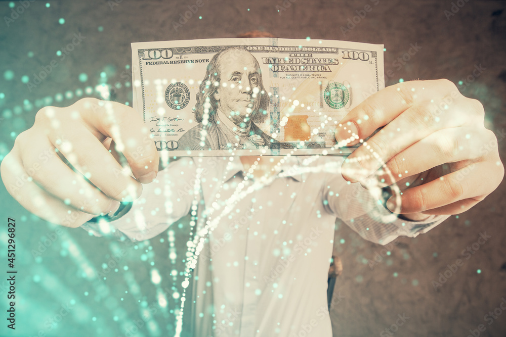 Multi exposure of dna drawing hologram and USA dollars bills and man hands. Medical education concept. Multi exposure of dna drawing hologram and USA dollars bills and man hands. Medical education concept.