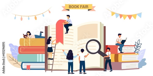 Book fair or Book festival Students woman and man reading, learning and sitting on big books Bookcase Bookshelf Literature event concept Library Bookstore Shop Advertising World Book Day
