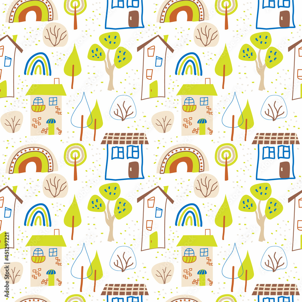 Funny childish drawing of houses, trees and rainbows on a white background. Seamless vector pattern with houses for childrens textiles and wallpaper on the wall