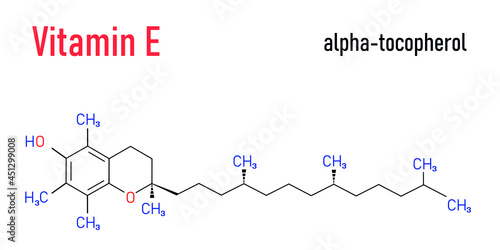 Vitamin E (alpha tocopherol) molecule. Skeletal formula.