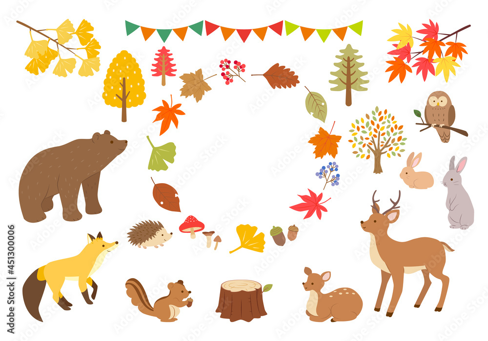 秋の森と動物たちのイラストセット Stock Vector Adobe Stock