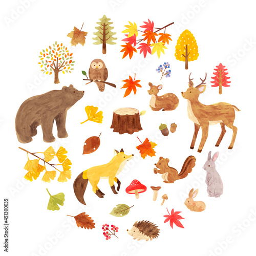 秋の森と動物たちのイラストセット　手描き水彩画