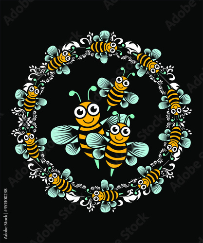 Bee Flying, vector illustration, T-shirt design, vintage, logo, poster, card, banner, emblem, flowers, simple design 