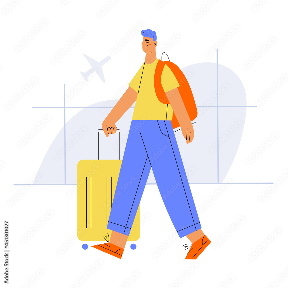 Young man walking with suitcase and backpack at the airport. Air traveling concept cartoon vector illustration. Young man walking with suitcase and backpack at the airport. Air traveling concept cartoon vector illustration.