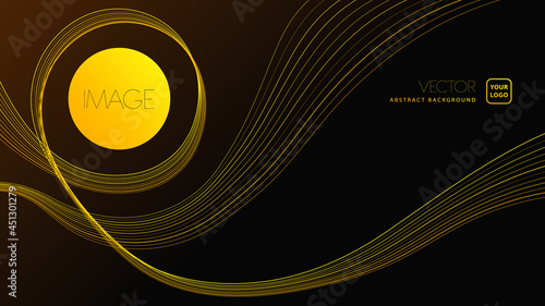 Shiny dynamic light waves illustration vector. Futuristic yellow color abstract twisted lines design in dark brown black gradient background. Editable website landing page or wallpaper template
