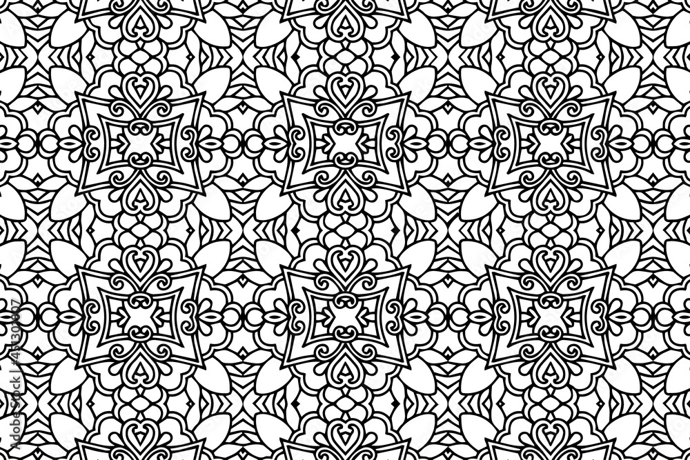 Ethnic vintage pattern, geometric exotic background. Eastern, Indonesian, Mexican, Aztec ornament. Template black white for art, painting, design, textiles.