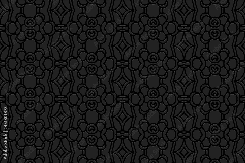 3D volumetric convex embossed geometric black background. Vintage pattern, minimalist texture in arabesque style. Ethnic oriental, Asian, Indonesian, Mexican ornaments.
