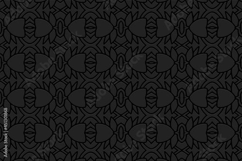 3D volumetric convex embossed geometric black background. Vintage pattern, abstract texture in arabesque style. Ethnic oriental, Asian, Indonesian, Mexican ornaments.