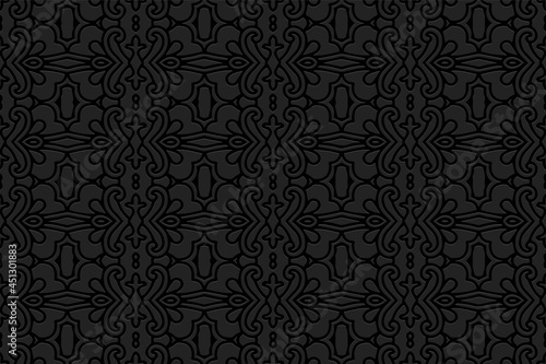 3D volumetric convex embossed geometric black background. Vintage pattern, graceful arabesque texture. Ethnic oriental, Asian, Indonesian, Mexican ornaments.