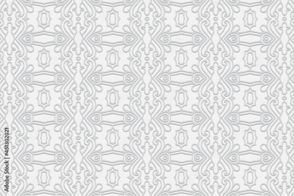 3D volumetric convex embossed geometric unique white background. Ethnic pattern, arabesque texture. Oriental, Asian, Indonesian exotic ornaments for design.