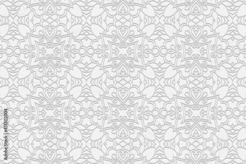 3D volumetric convex embossed geometric unique white background. Ethnic pattern, arabesque texture. Oriental, Asian, Indonesian art ornaments for design.