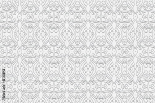 3D volumetric convex embossed geometric unique white background. Ethnic pattern, arabesque texture. Oriental, Asian, Indonesian elegant ornaments for design.