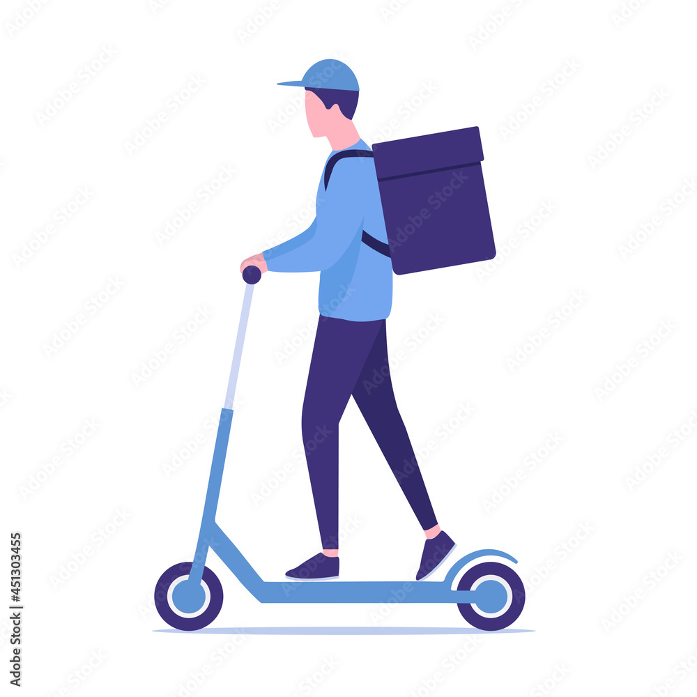 The courier rides a scooter. Home delivery. Flat colored illustration. Isolated on white background. The courier rides a scooter. Home delivery. Flat colored illustration. Isolated on white background.